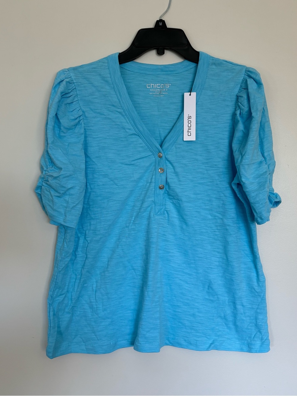 Chico’s Paradise Blue Slub Knit Puff Sleeve Henley Tee Top NWT Size 2 / US L
